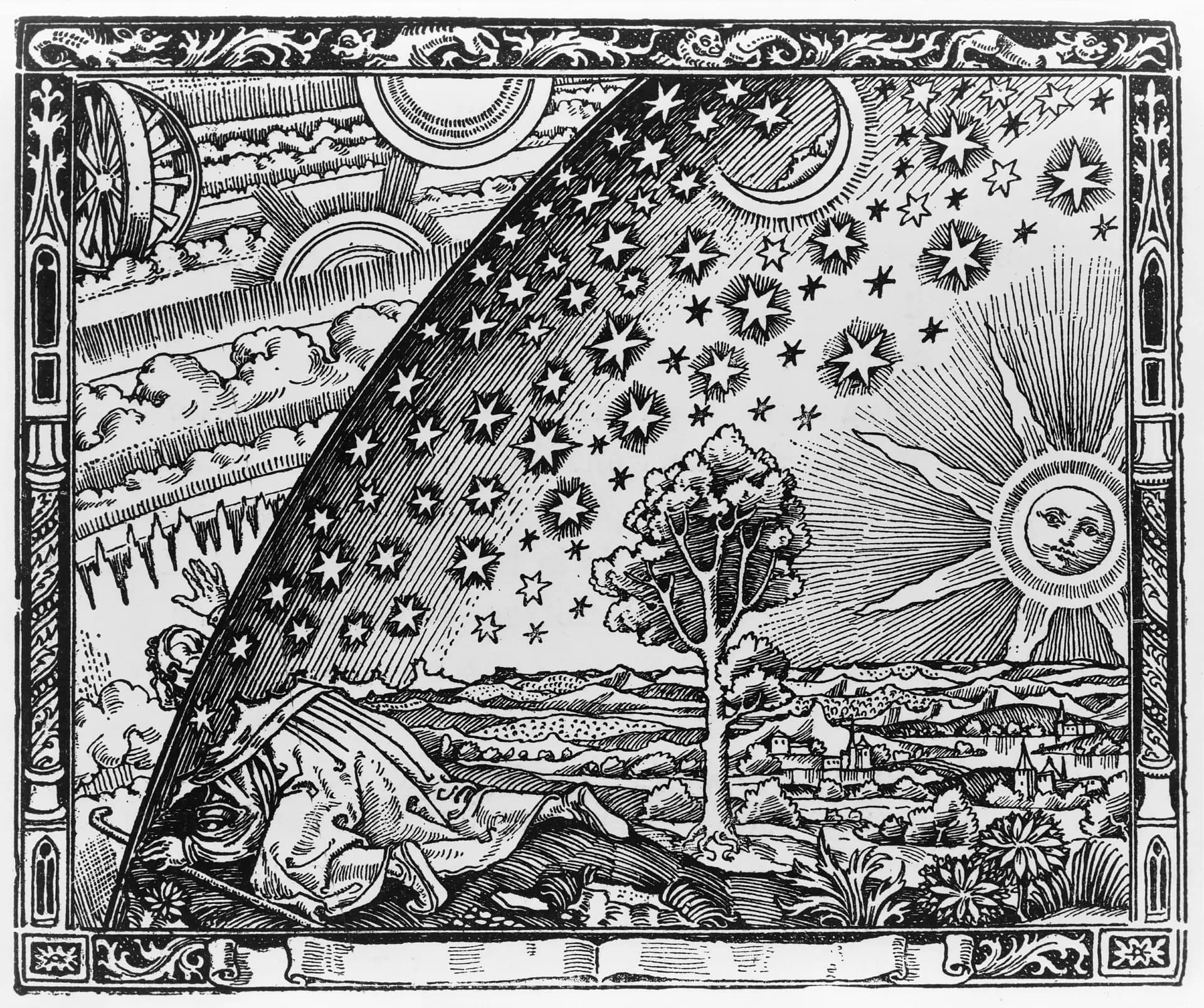 Flammarion engraving: a traveller pokes his head through the firmament